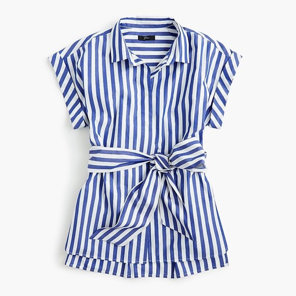 J Crew Cotton Button Front Tie Waist Top Blue and White Stripe XS - Picture 6 of 6